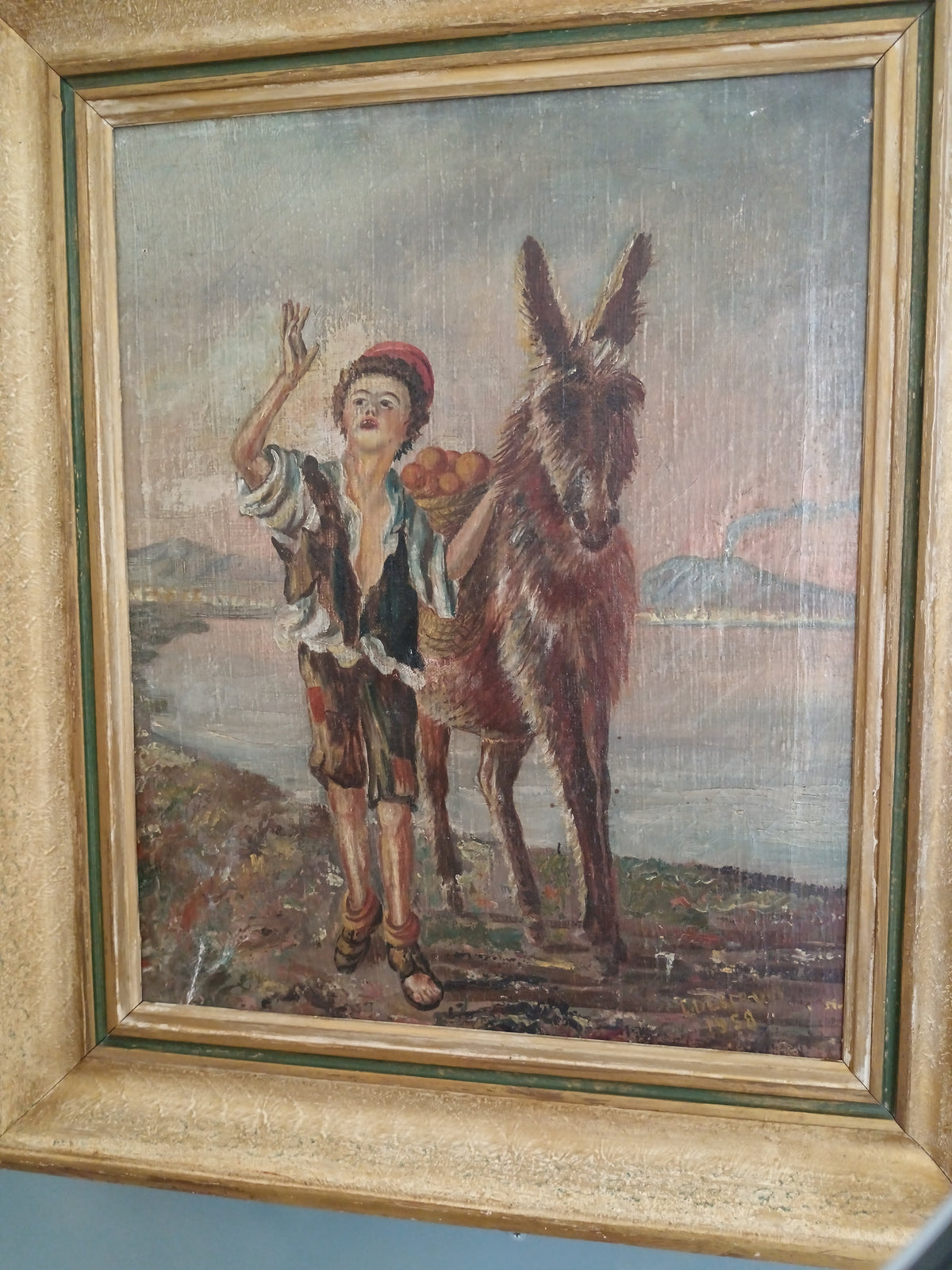 Dipinto Olio su Tela Asinello Fanciullo L. Descrovi 1958 Vesuvio Quadro Vintage