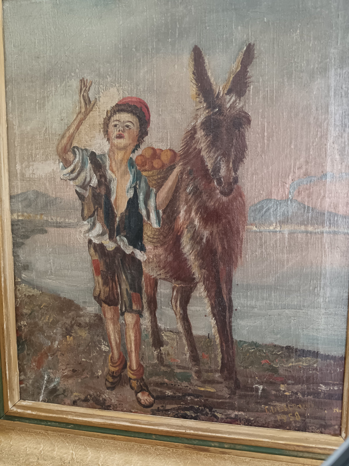 Dipinto Olio su Tela Asinello Fanciullo L. Descrovi 1958 Vesuvio Quadro Vintage