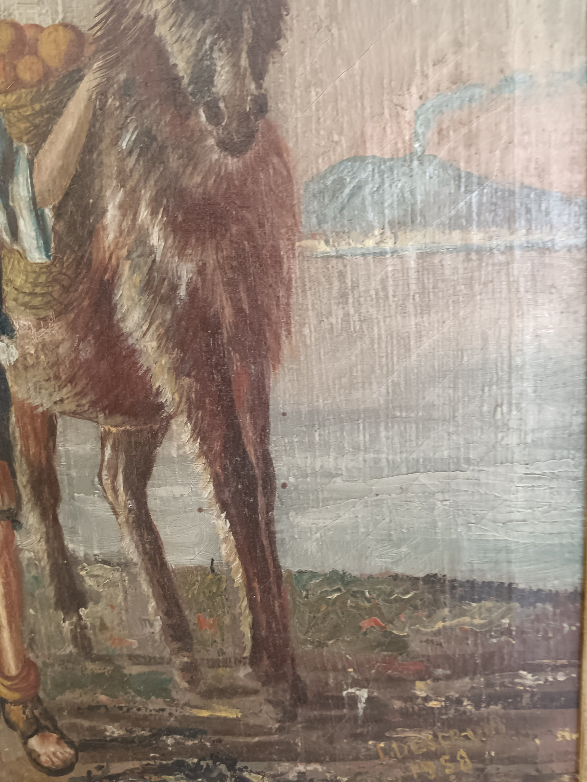 Dipinto Olio su Tela Asinello Fanciullo L. Descrovi 1958 Vesuvio Quadro Vintage