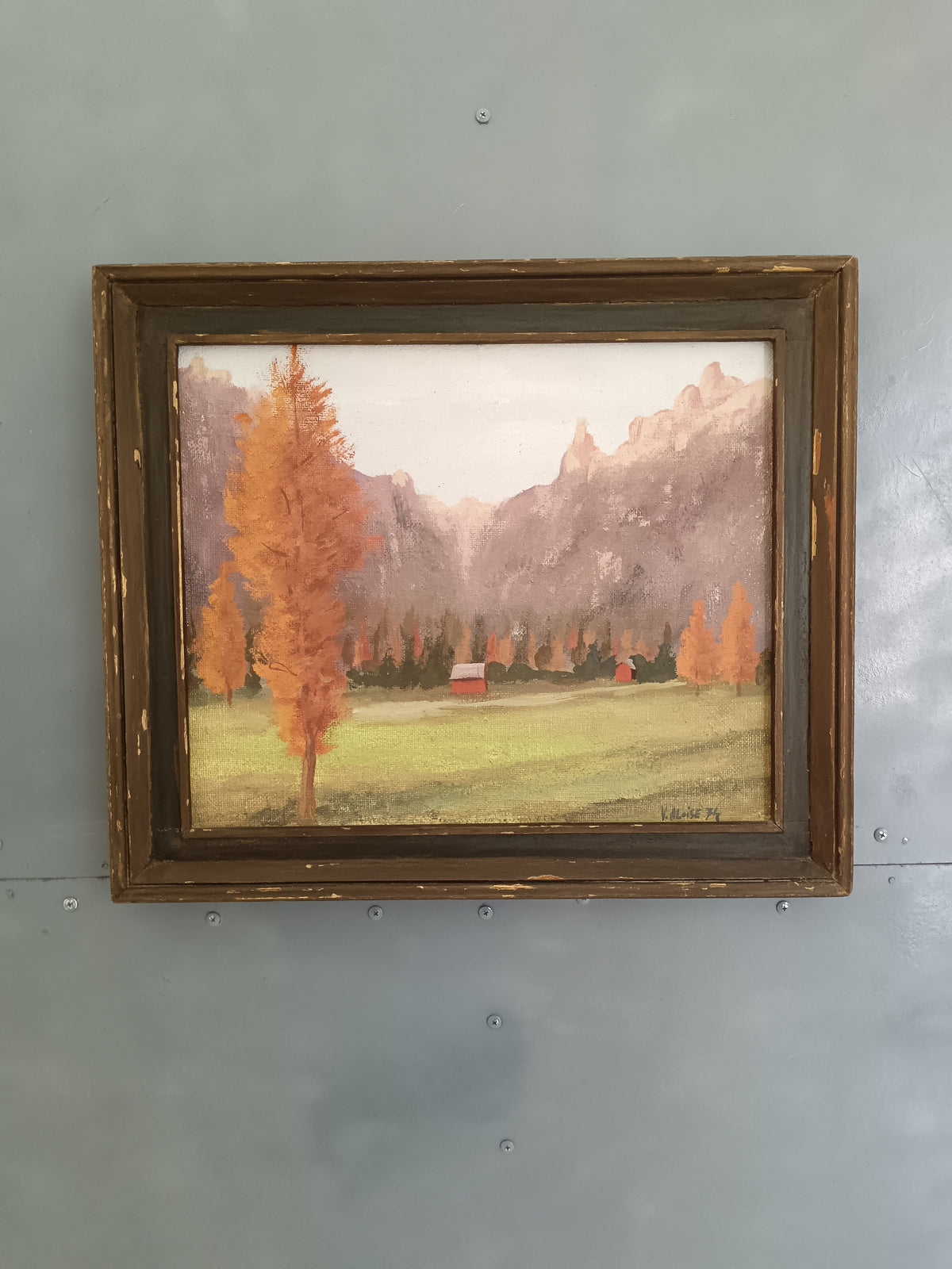 Dipinto olio su tela paesaggio autunnale montagna