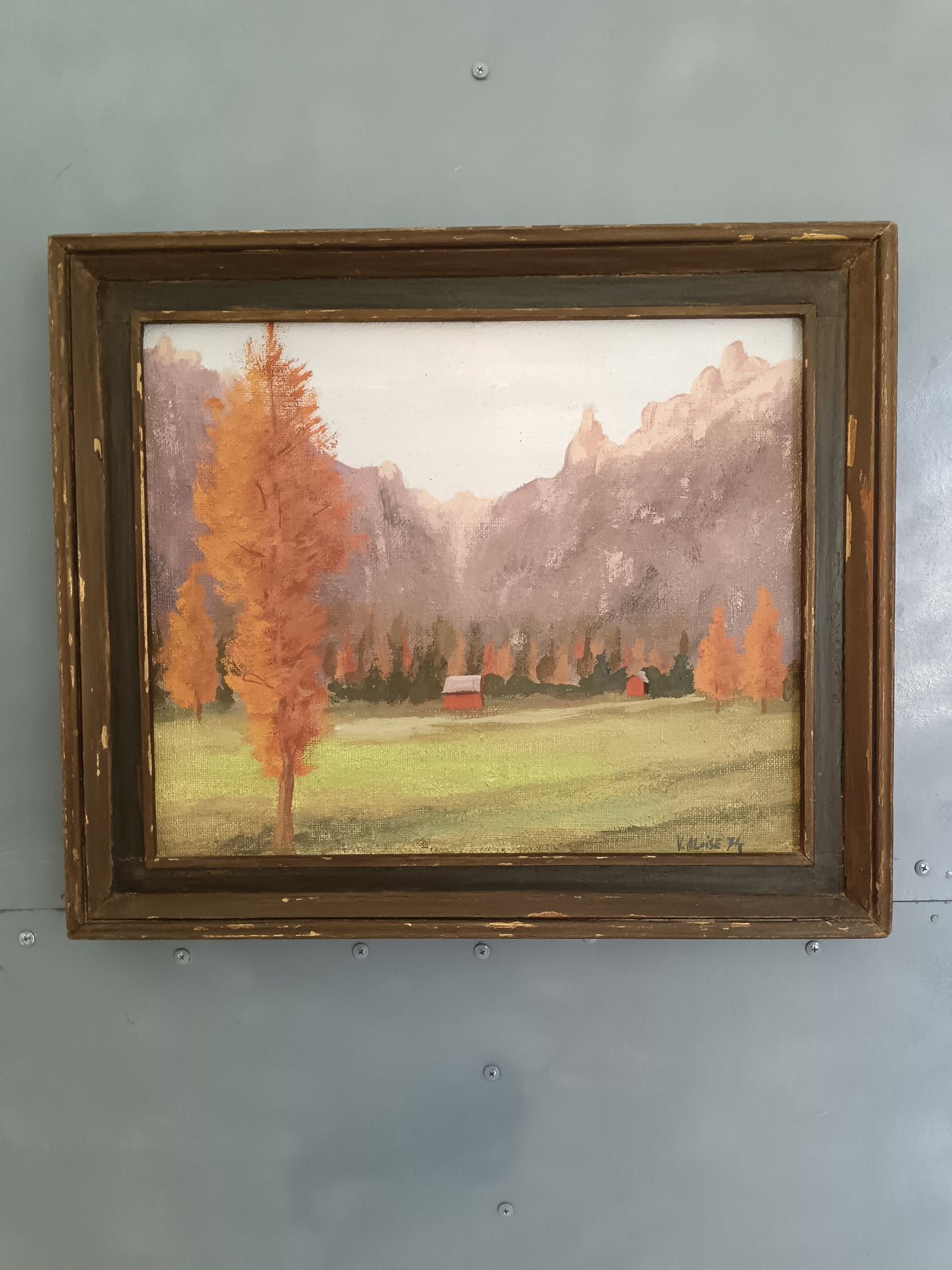 Dipinto olio su tela paesaggio autunnale montagna