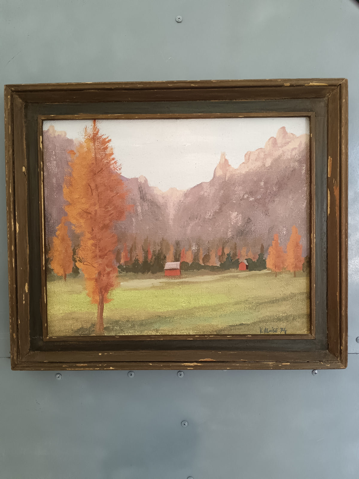 Dipinto olio su tela paesaggio autunnale montagna