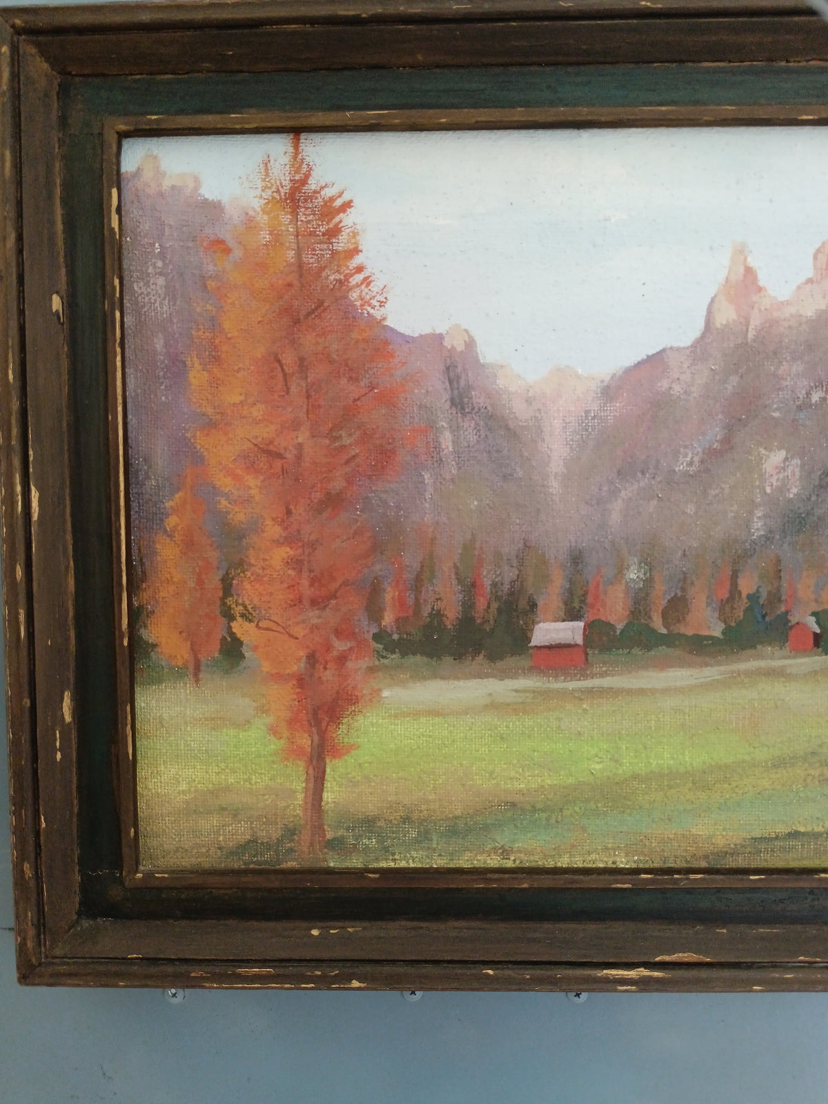 Dipinto olio su tela paesaggio autunnale montagna