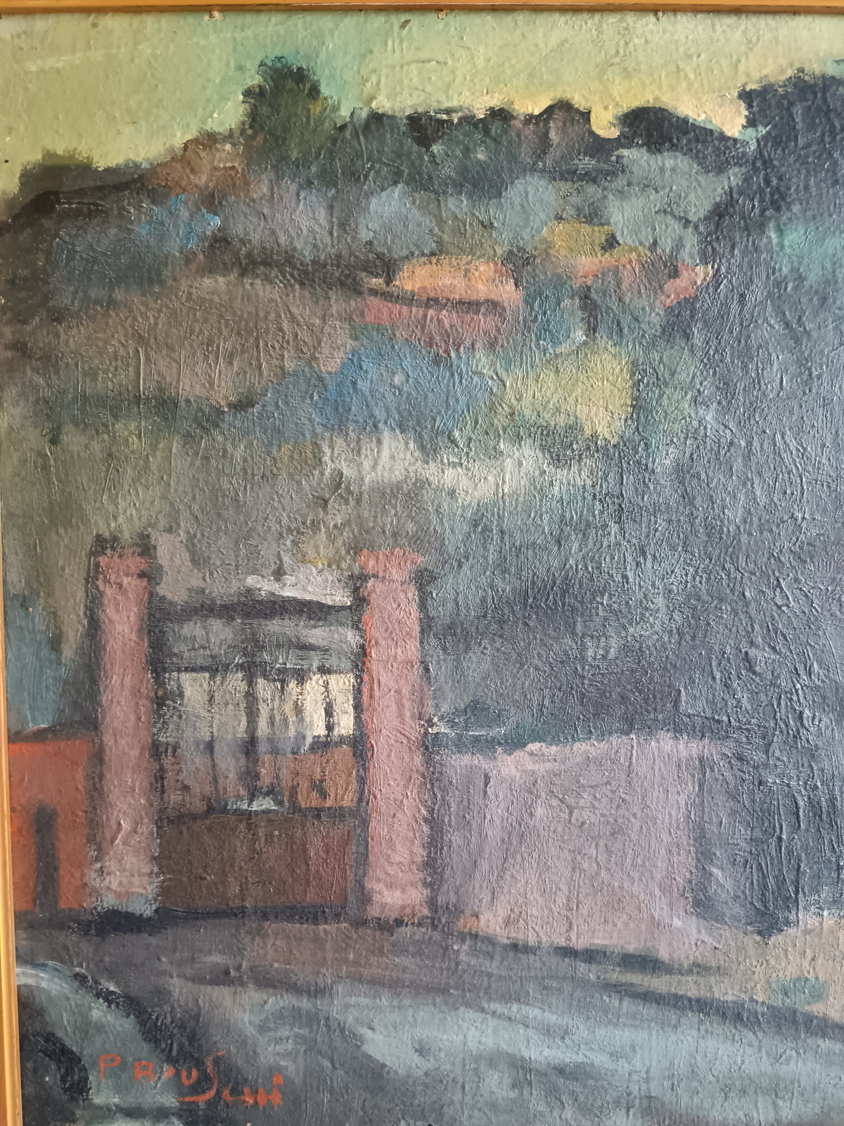 Dipinto Olio su Tavola PARIGI BRUSCHI Paesaggio Toscano con Cornice Novecento