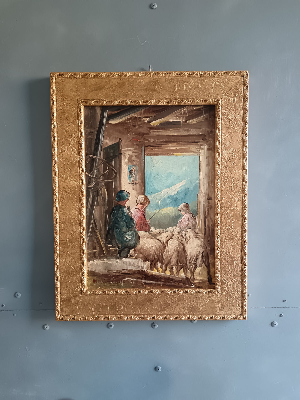 Dipinto MARIO FATTORI "Vita Toscana" Olio 25x35 Certificato Galleria Cornice