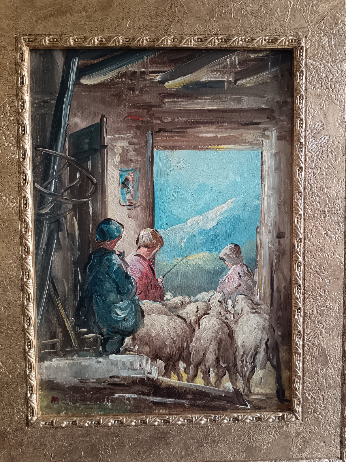 Dipinto MARIO FATTORI "Vita Toscana" Olio 25x35 Certificato Galleria Cornice