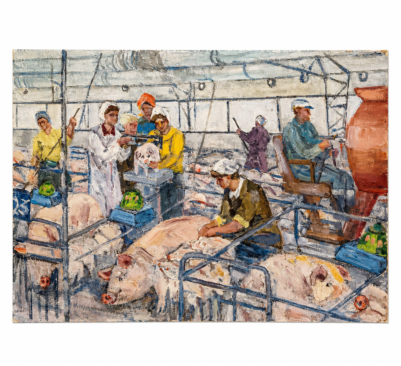 Mukhamet Aman Baga (Attribuito) – Olio su Cartoncino – Realismo Sovietico Industriale – Allevamento Suini URSS