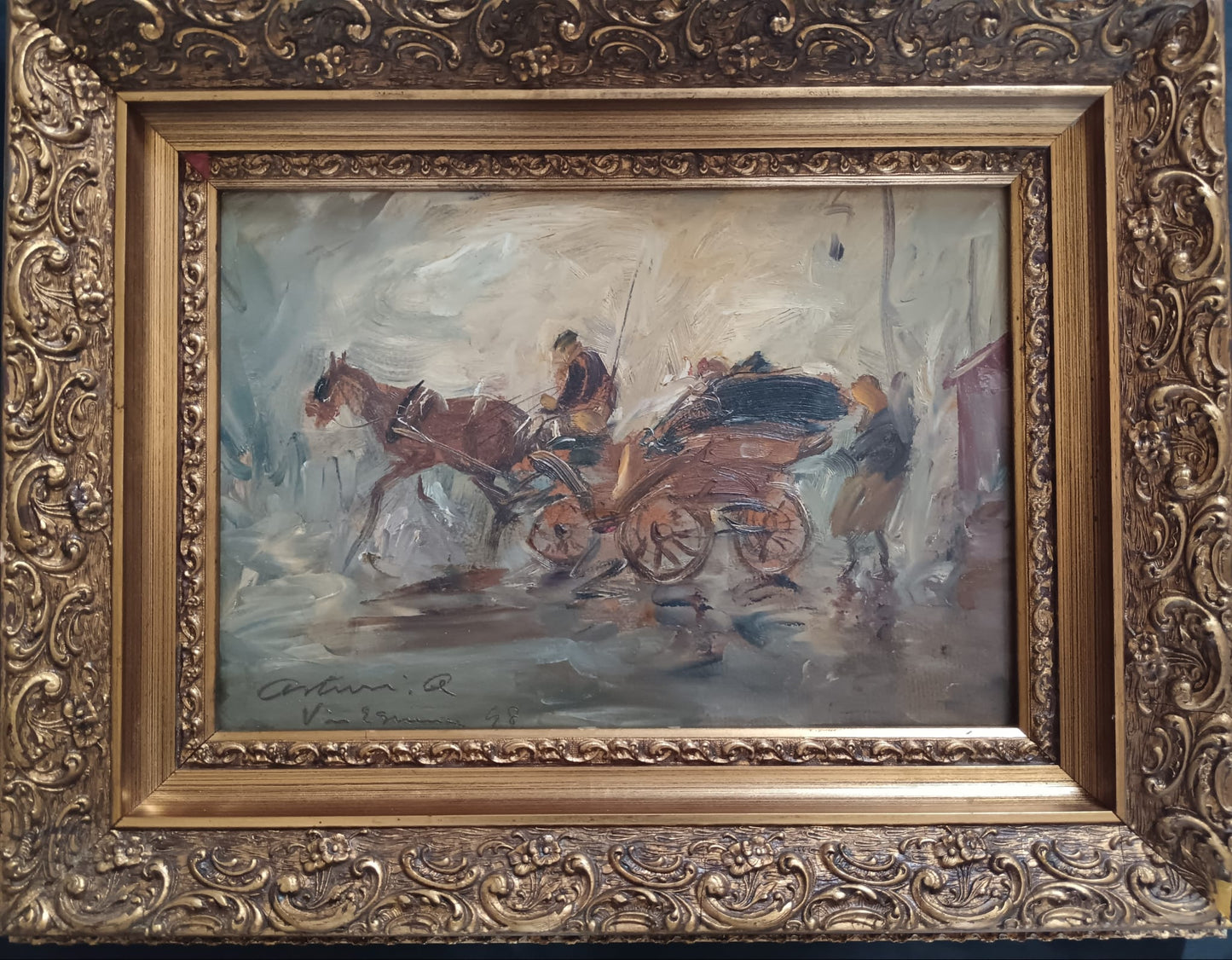 Antonio Asturi (Vico Equense 1904-1987)- Carrozzella dipinto olio su cartoncino