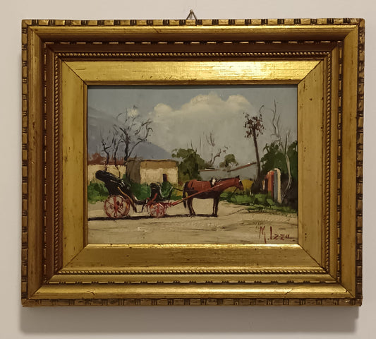 Maria Izzo ( 1921-2002) Carrozzella- dipinto olio su legno