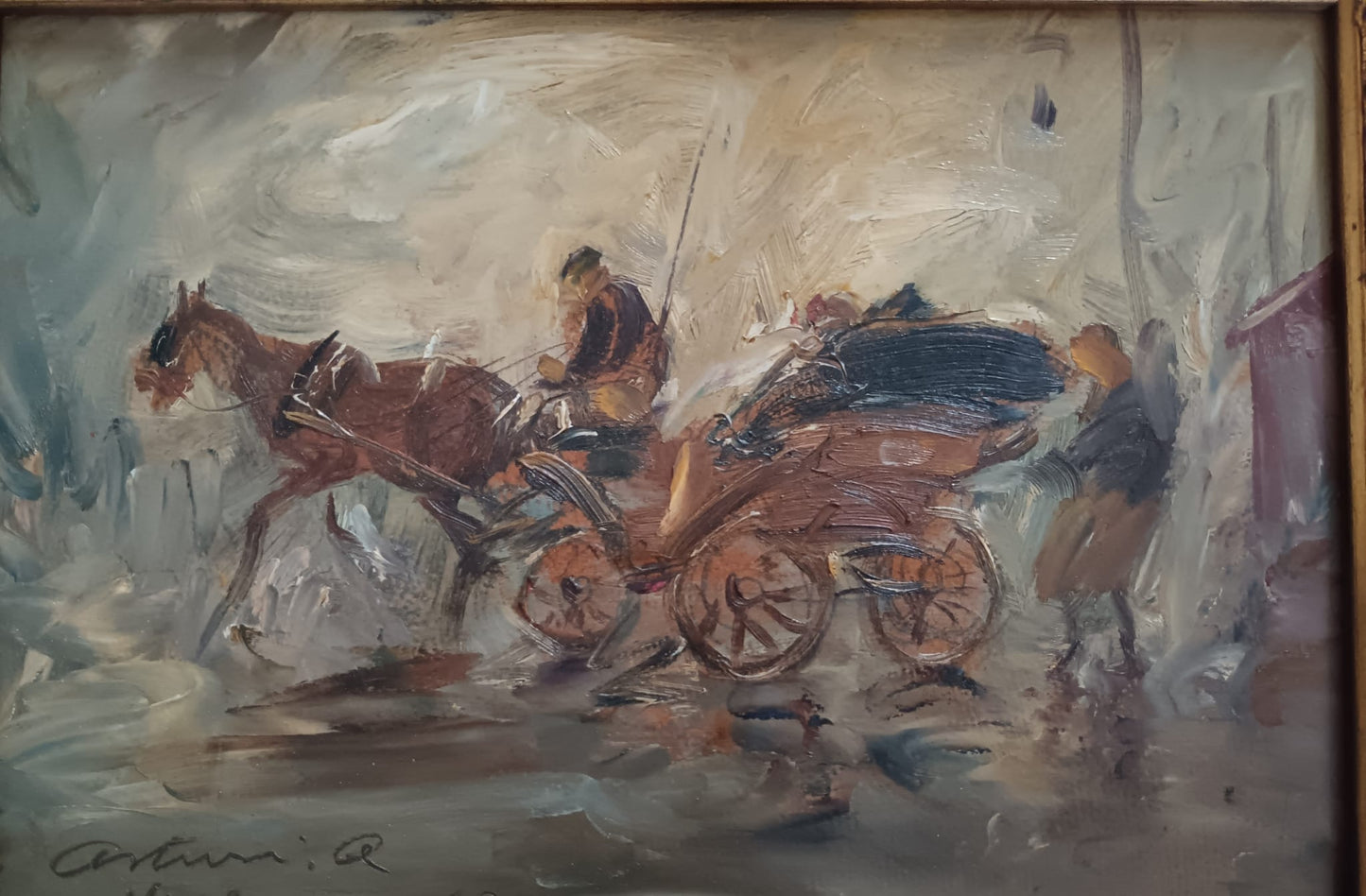 Antonio Asturi (Vico Equense 1904-1987)- Carrozzella dipinto olio su cartoncino