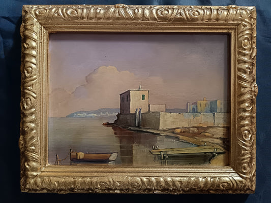 Lucio Sorrentino (1929-1993)- Marina, olio su legno XX Secolo