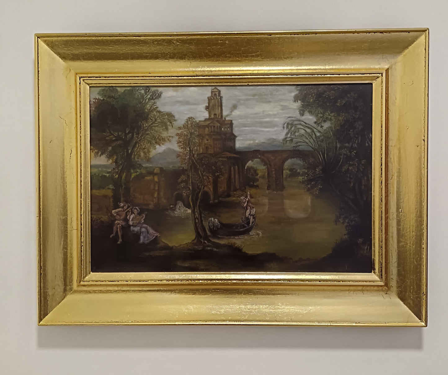 Dipinto campestre (XX secolo)- Scena romantica olio su legno