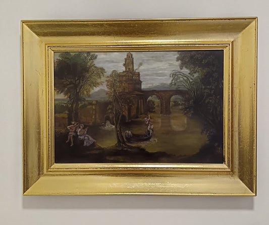 Dipinto campestre (XX secolo)- Scena romantica olio su legno