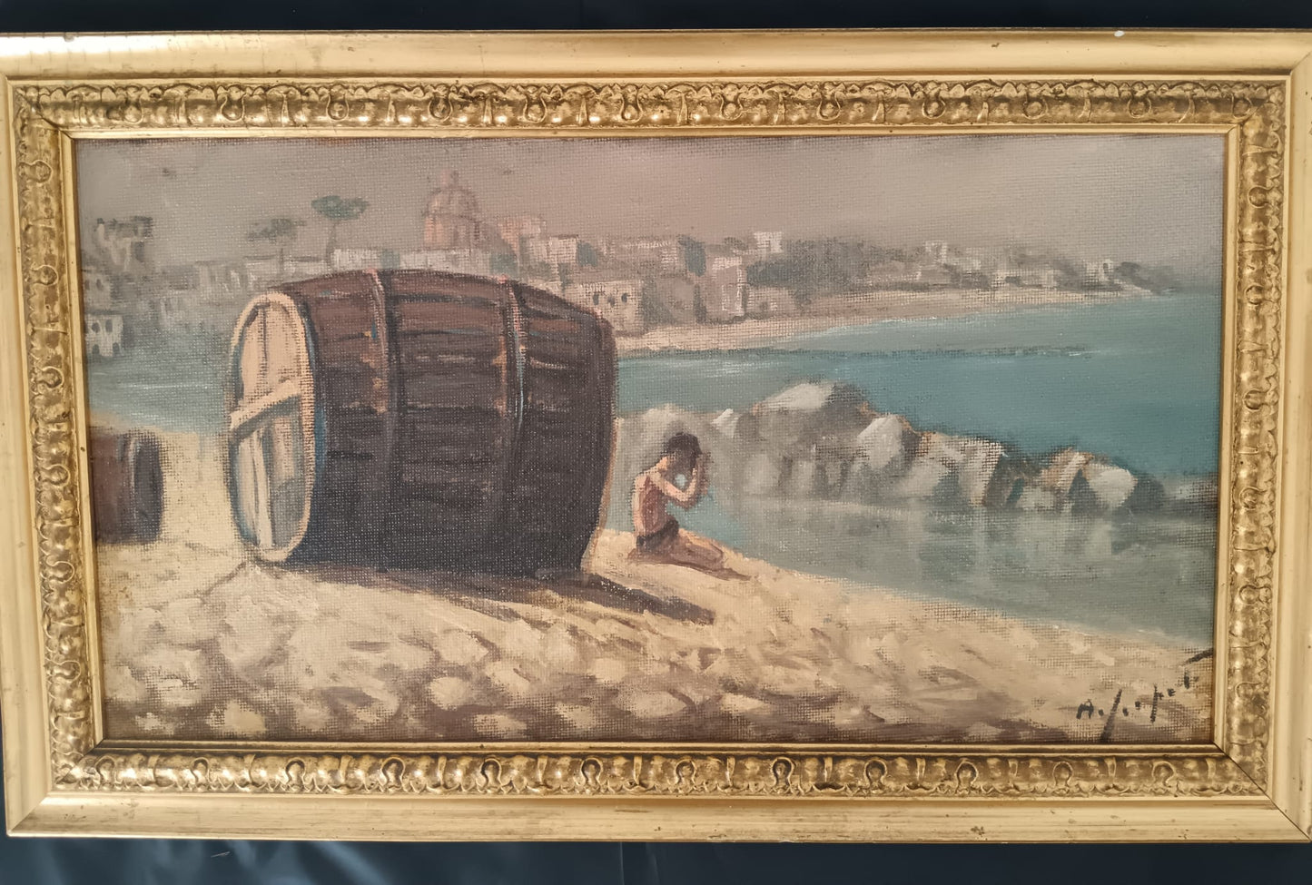 Scuola Napoletana ( XX secolo)- paesaggio marino olio su pannello