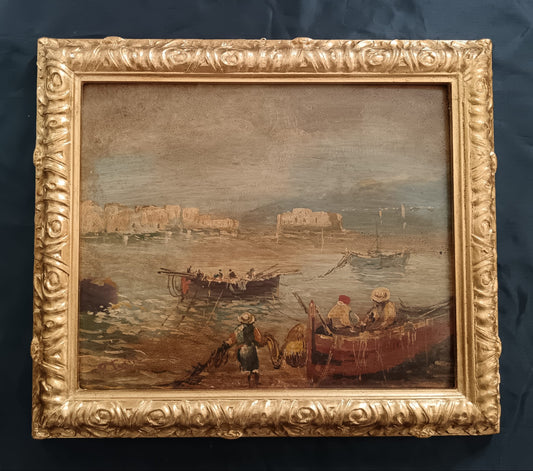 (Scuola Napoletana XX Secolo)- Marina , dipinto olio su masonite