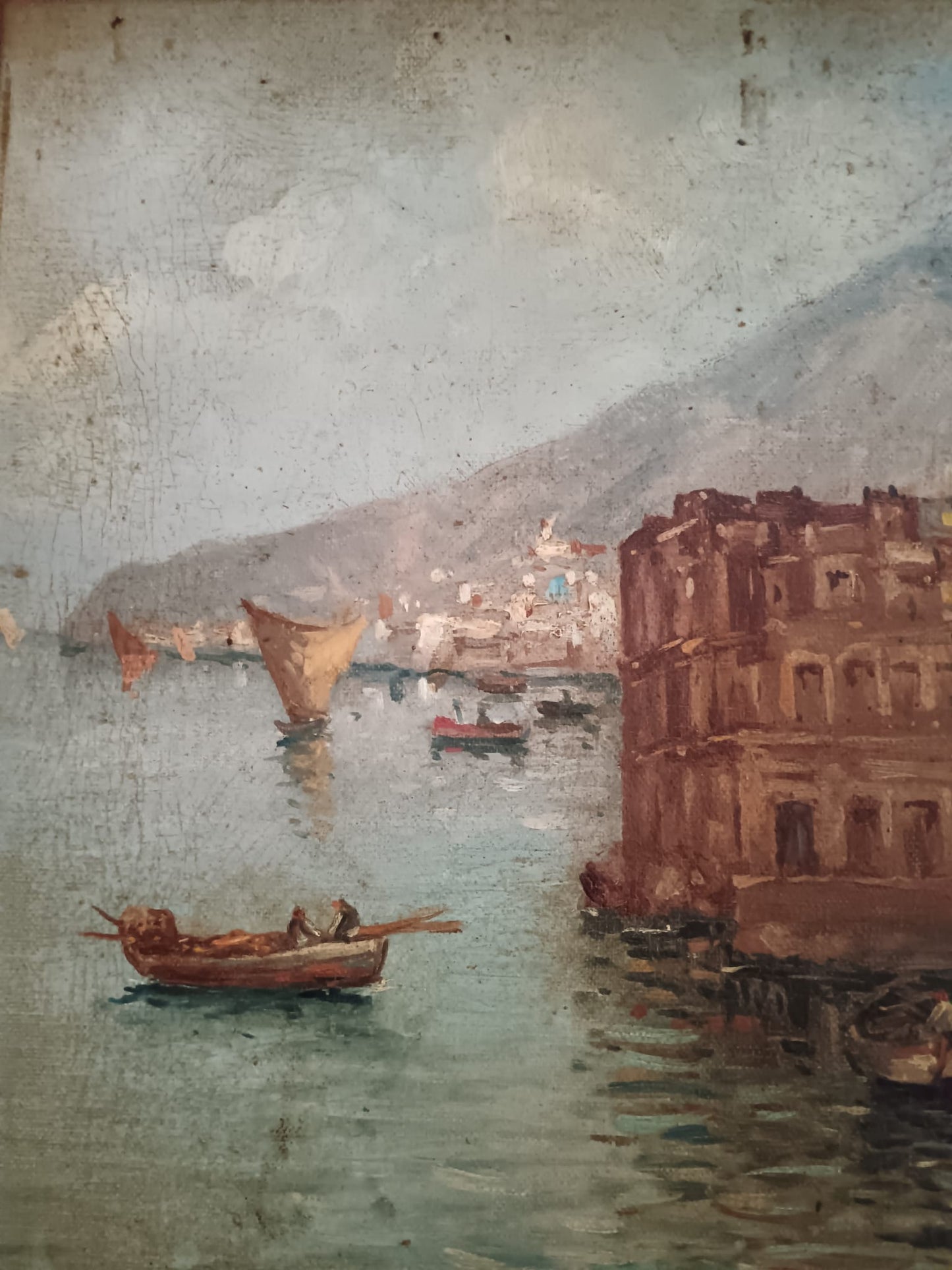 Ettore De Conciliis (Avellino 1941)- Marina napoletana -dipinto olio su tela applicata su cartoncino