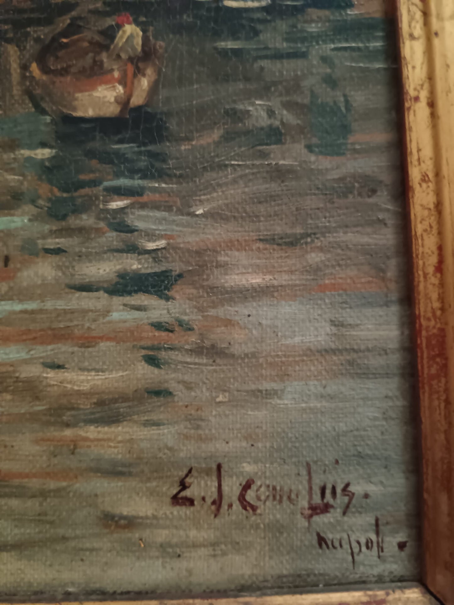 Ettore De Conciliis (Avellino 1941)- Marina napoletana -dipinto olio su tela applicata su cartoncino