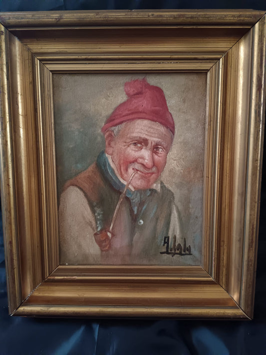 Figura anziano con pipa (XX secolo)- dipinto olio su tela