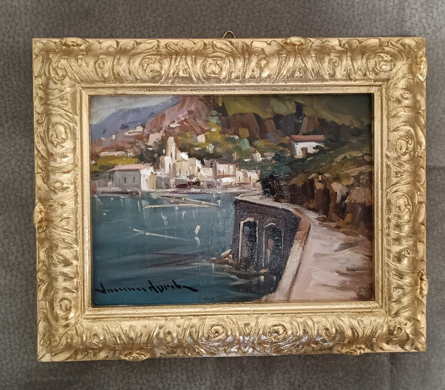 Vincenzo Aprile (Napoli 1952)- Amalfi, dipinto olio su pannello