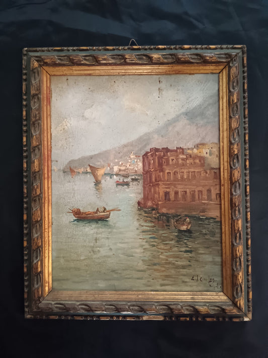 Ettore De Conciliis (Avellino 1941)- Marina napoletana -dipinto olio su tela applicata su cartoncino