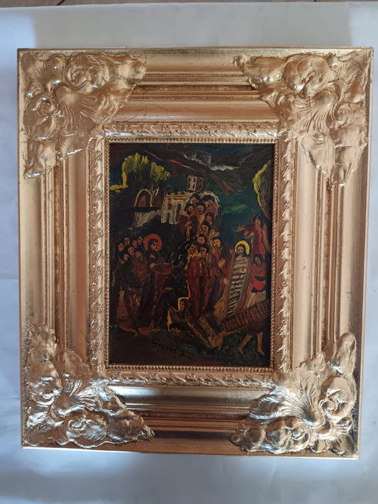 Bruno Grassi (Rodi 1944)- La resurrezione di Lazzaro- dipinto olio su legno