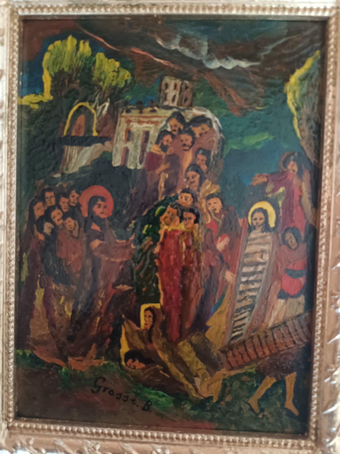 Bruno Grassi (Rodi 1944)- La resurrezione di Lazzaro- dipinto olio su legno