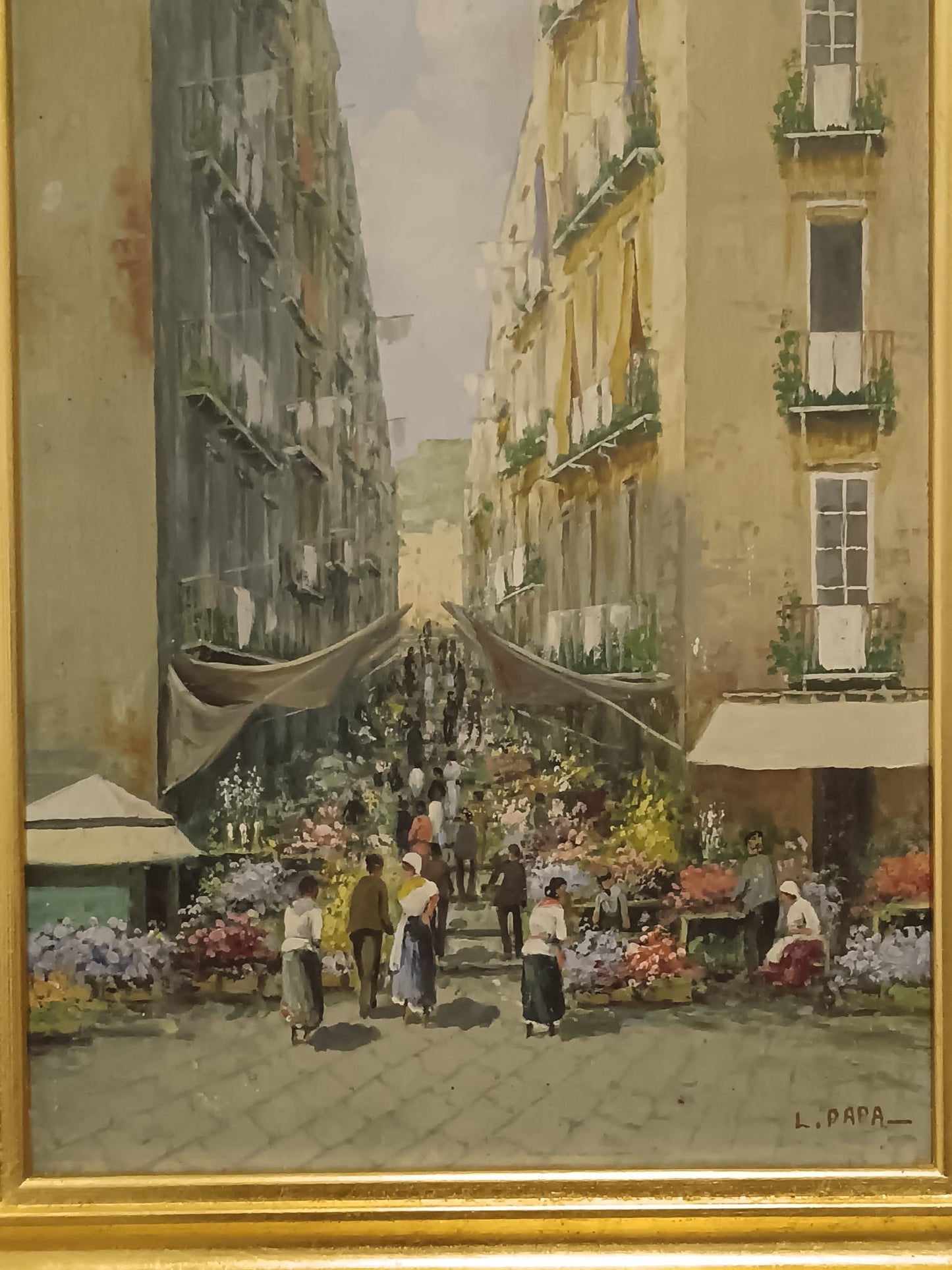 L. Papa (XX Secolo)- Mercato-  dipinto olio su legno.