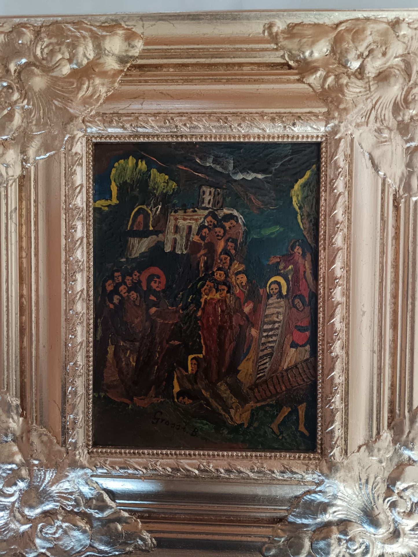 Bruno Grassi (Rodi 1944)- La resurrezione di Lazzaro- dipinto olio su legno