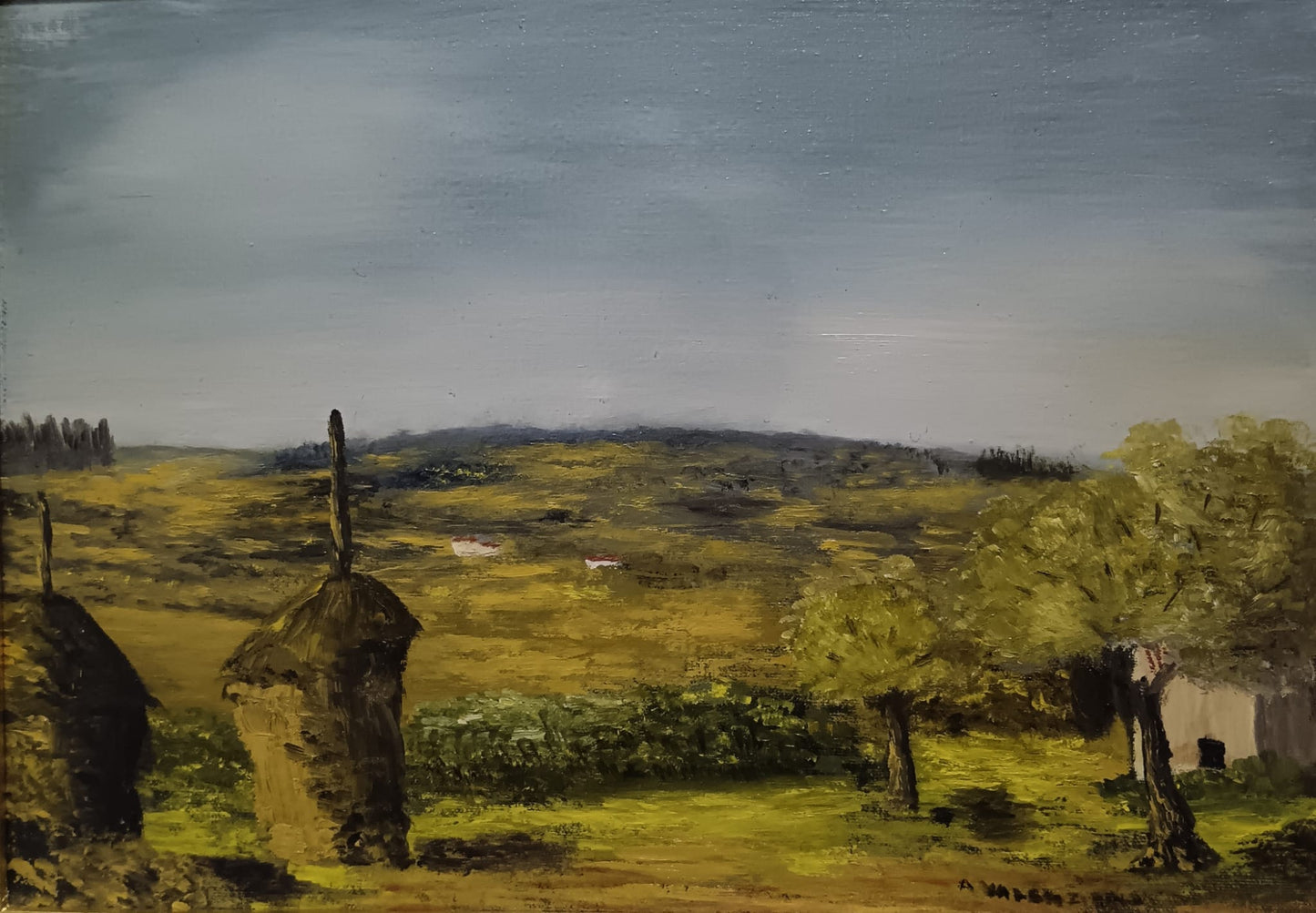 Paesaggio rurale (XX secolo)- dipinto olio su tela applicata su cartoncino