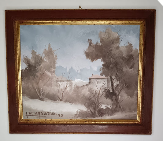 Leonardo De Magistris ( 1933-2010)- dipinto olio su tela applicata su cartoncino (XX secolo)