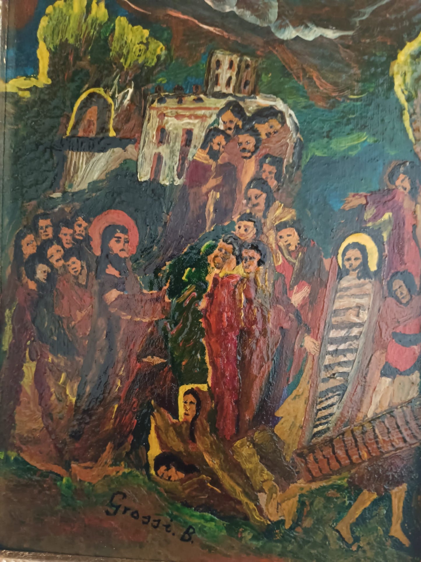 Bruno Grassi (Rodi 1944)- La resurrezione di Lazzaro- dipinto olio su legno