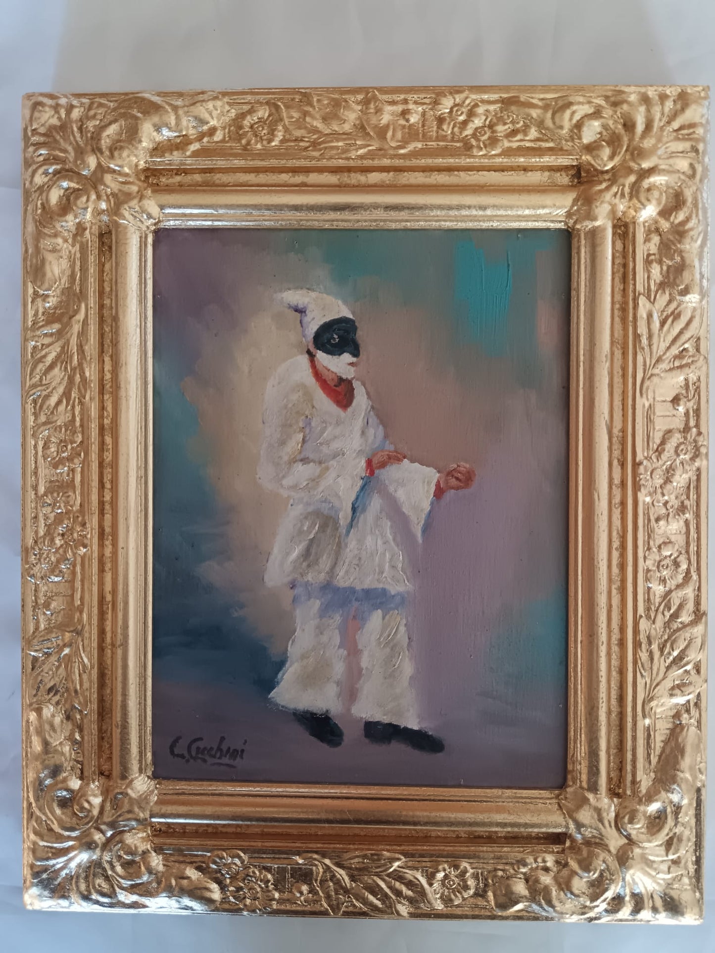 Pulcinella (Scuola Napoletana XX Secolo)- dipinto olio su legno