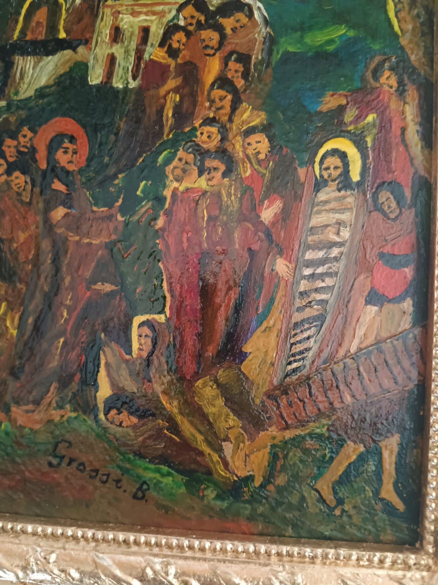 Bruno Grassi (Rodi 1944)- La resurrezione di Lazzaro- dipinto olio su legno