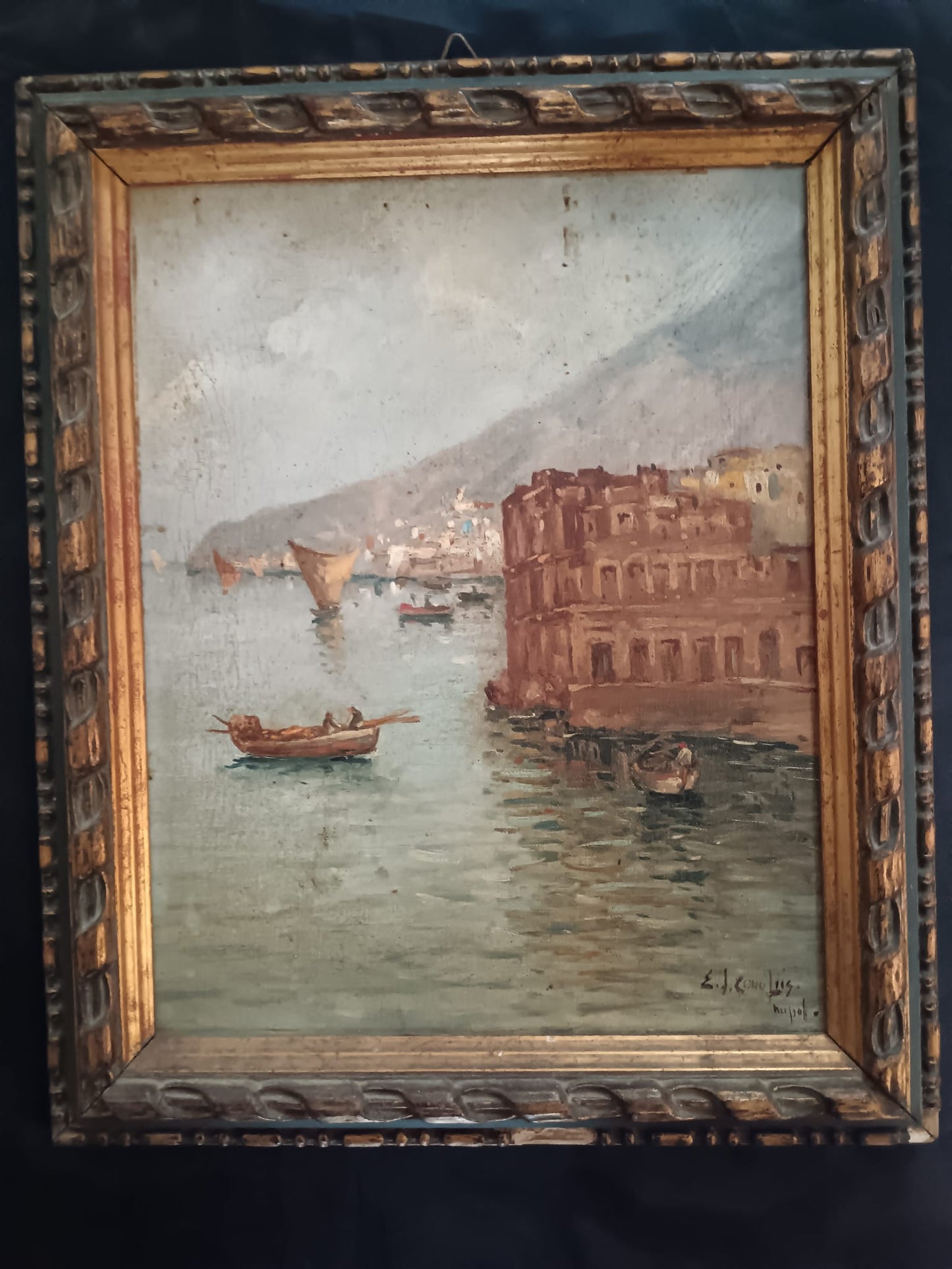 Ettore De Conciliis (Avellino 1941)- Marina napoletana -dipinto olio su tela applicata su cartoncino