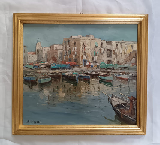 Raffaele Tozzi (Scuola Napoletana XX Secolo) Marina, dipinto olio su masonite