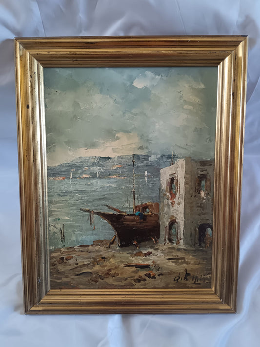 Scuola Italiana XX Secolo-  Scorcio marino dipinto olio su masonite
