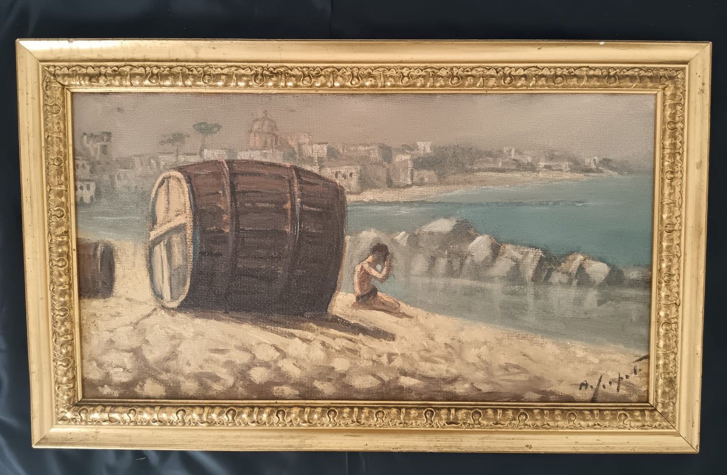 Scuola Napoletana ( XX secolo)- paesaggio marino olio su pannello