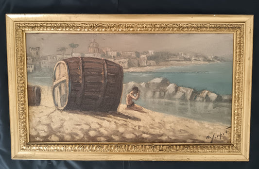 Scuola Napoletana ( XX secolo)- paesaggio marino olio su pannello