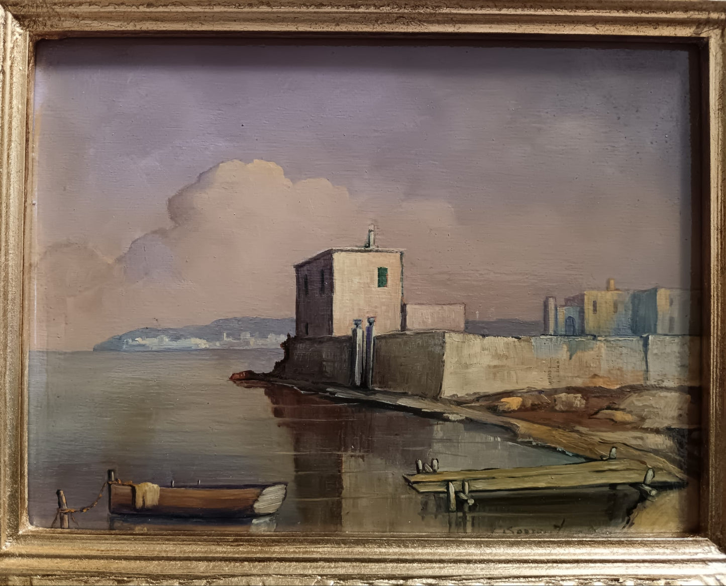 Lucio Sorrentino (1929-1993)- Marina, olio su legno XX Secolo