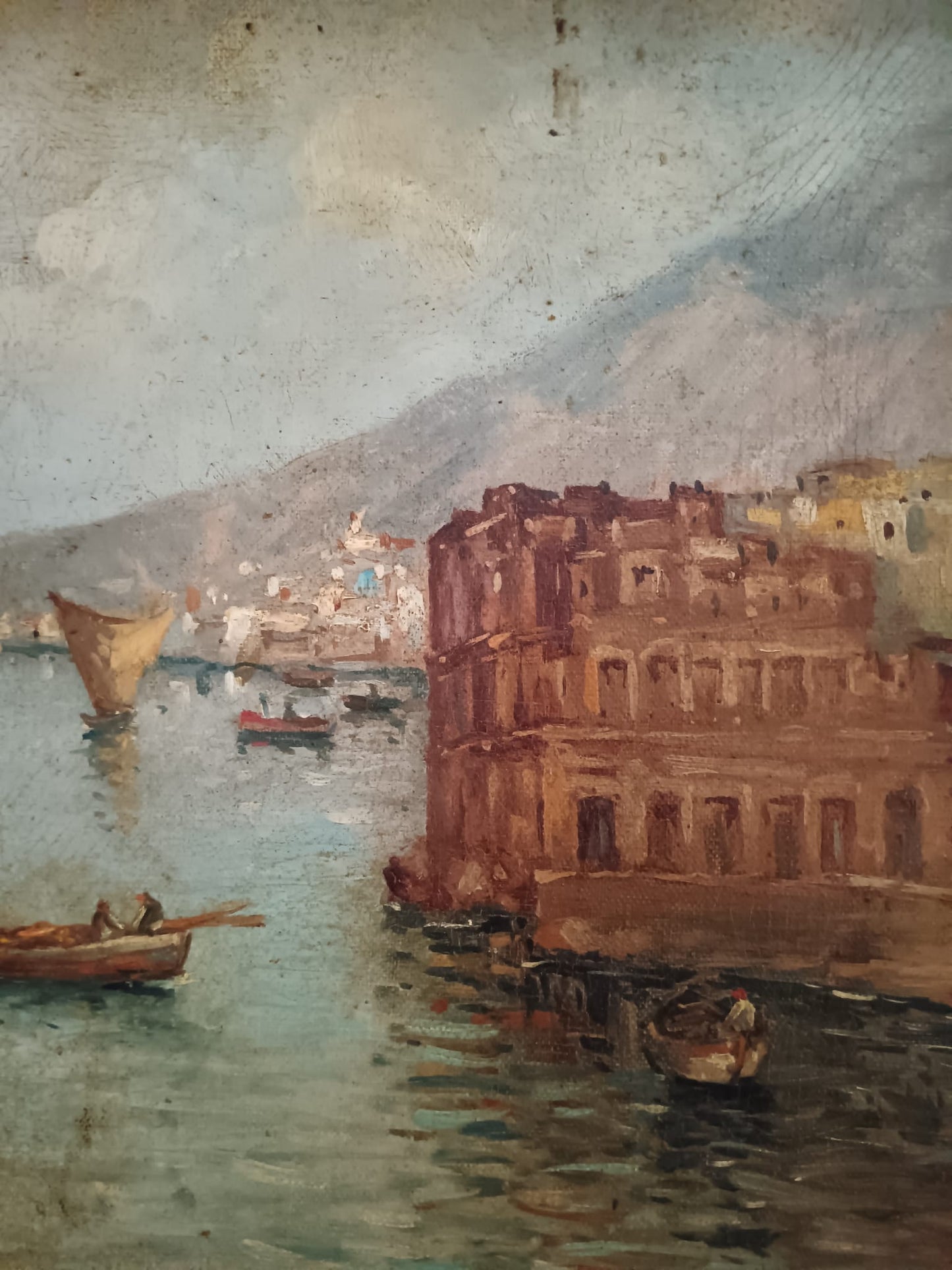 Ettore De Conciliis (Avellino 1941)- Marina napoletana -dipinto olio su tela applicata su cartoncino