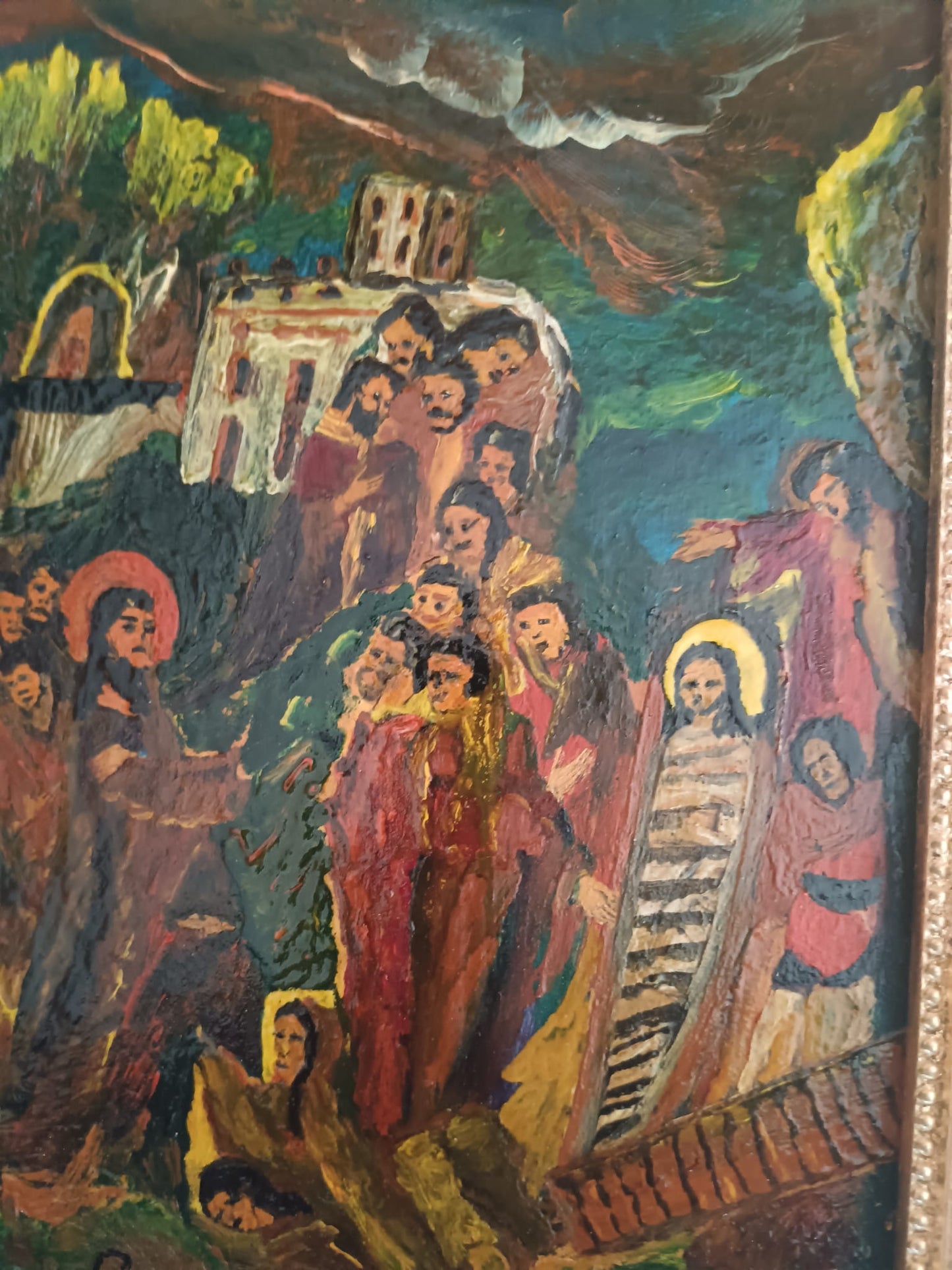 Bruno Grassi (Rodi 1944)- La resurrezione di Lazzaro- dipinto olio su legno