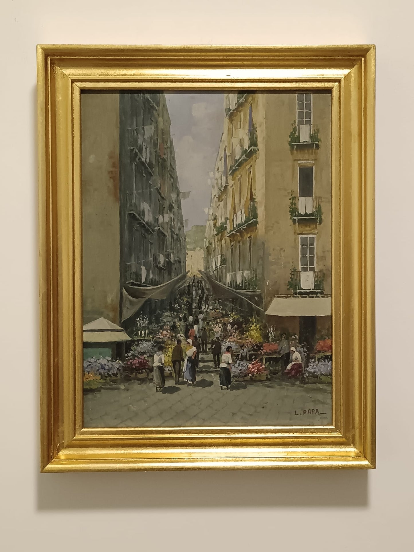 L. Papa (XX Secolo)- Mercato-  dipinto olio su legno.