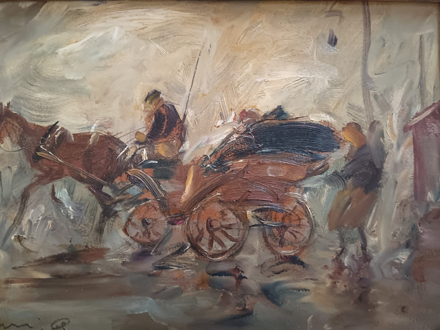 Antonio Asturi (Vico Equense 1904-1987)- Carrozzella dipinto olio su cartoncino