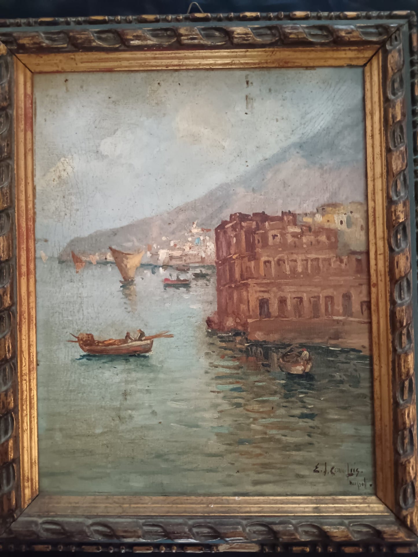 Ettore De Conciliis (Avellino 1941)- Marina napoletana -dipinto olio su tela applicata su cartoncino