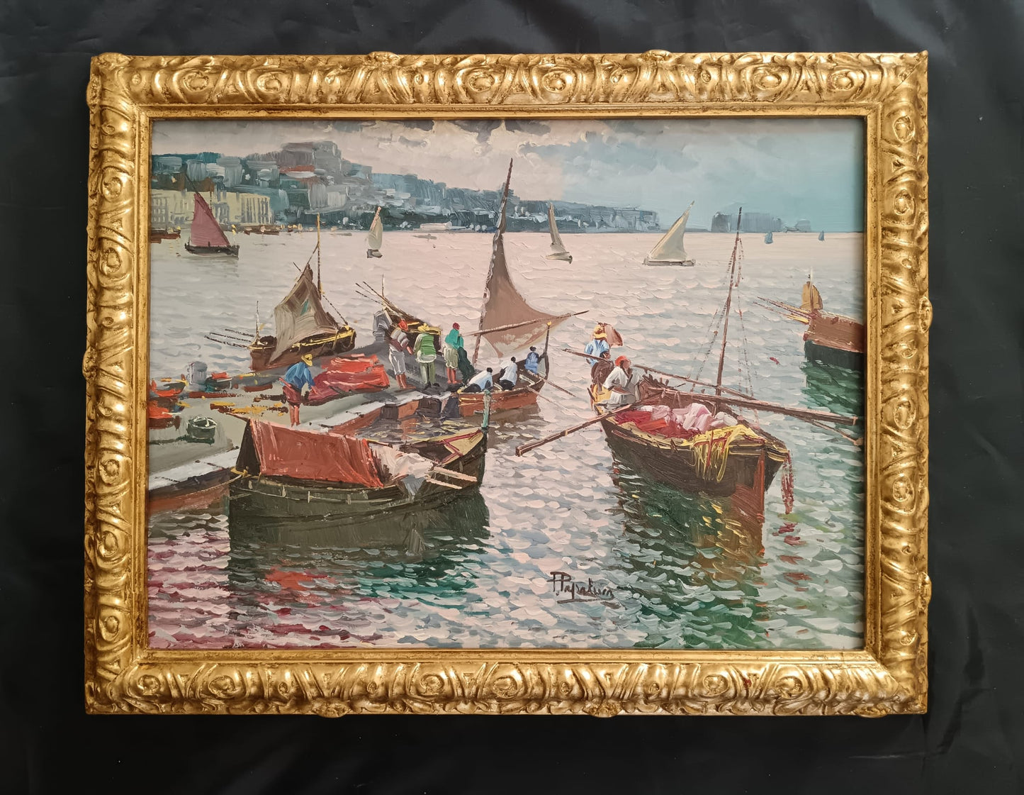 Francesco Papaluca (scuola napoletana XX Secolo)- Marina dipinto olio su legno