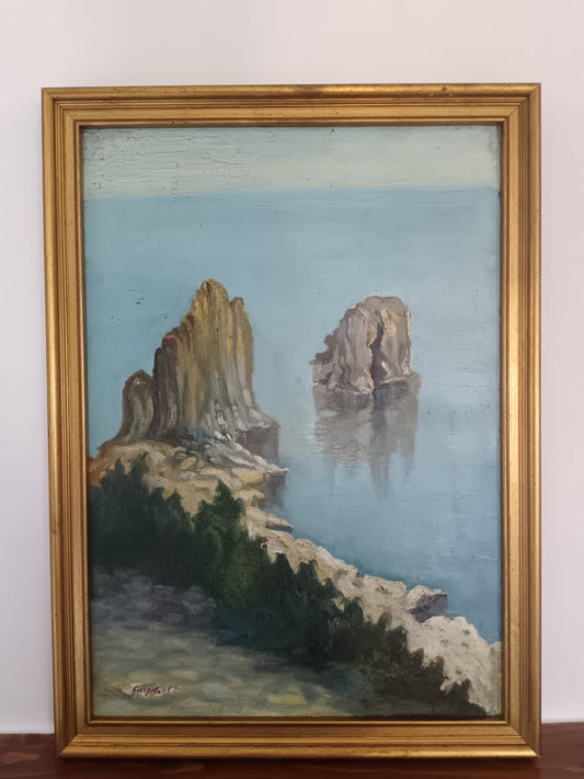 Scuola Italiana XX Secolo- "Faraglioni di Capri", dipinto olio su masonite