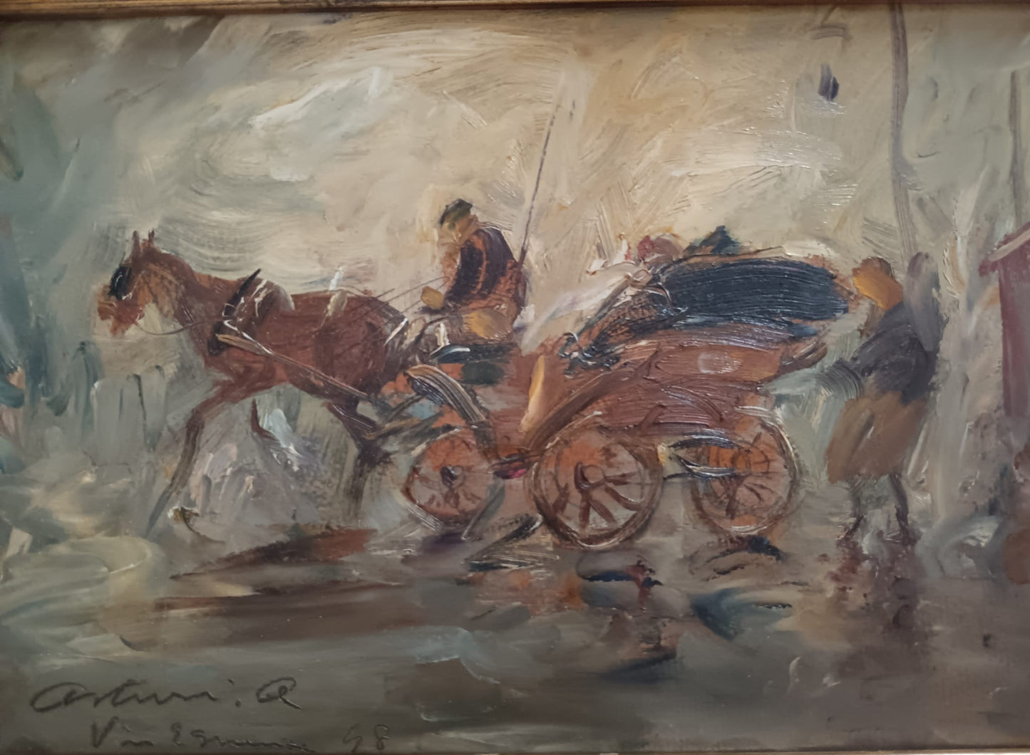 Antonio Asturi (Vico Equense 1904-1987)- Carrozzella dipinto olio su cartoncino