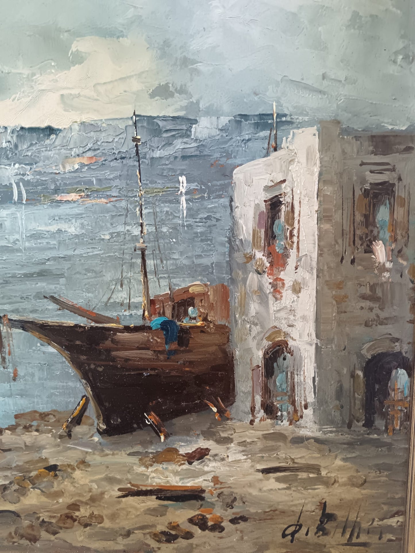 Scuola Italiana XX Secolo-  Scorcio marino dipinto olio su masonite
