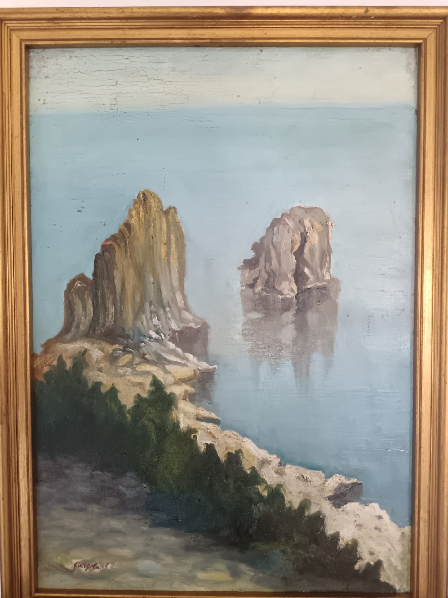 Scuola Italiana XX Secolo- "Faraglioni di Capri", dipinto olio su masonite