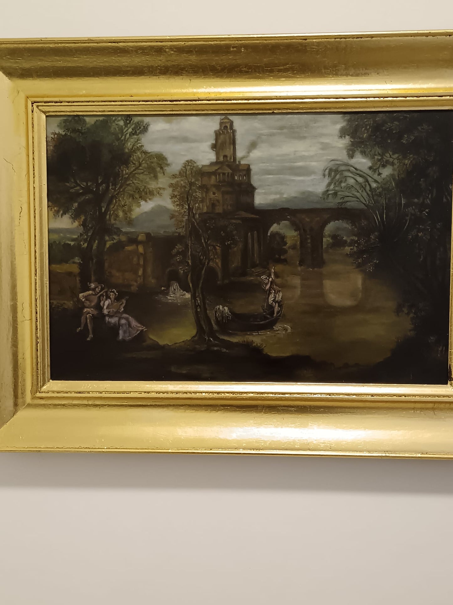 Dipinto campestre (XX secolo)- Scena romantica olio su legno